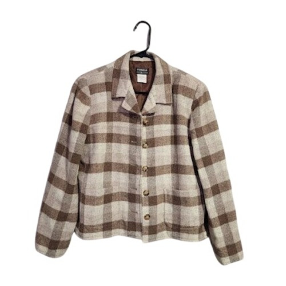 VINTAGE Formula H2O Plaid Wool Blend Jacket Brown Cream Button Shacket 8